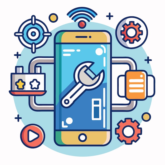 Ilustración vectorial de la tecnología móvil y las herramientas digitales Iconos configurados para el desarrollo de aplicaciones Internet de las cosas y dispositivos inteligentes