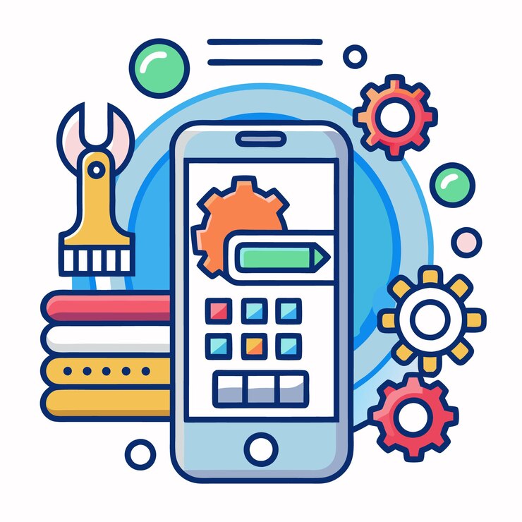 Vector ilustración vectorial de la tecnología móvil y las herramientas digitales iconos configurados para el desarrollo de aplicaciones internet de las cosas y dispositivos inteligentes
