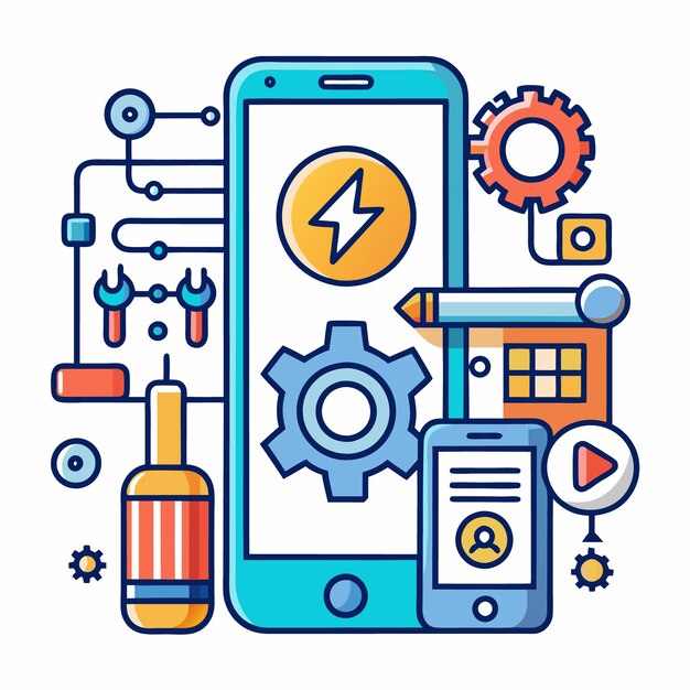 Ilustración vectorial de la tecnología móvil y las herramientas digitales Iconos configurados para el desarrollo de aplicaciones Internet de las cosas y dispositivos inteligentes