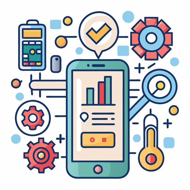 Ilustración vectorial de la tecnología móvil y las herramientas digitales Iconos configurados para el desarrollo de aplicaciones Internet de las cosas y dispositivos inteligentes