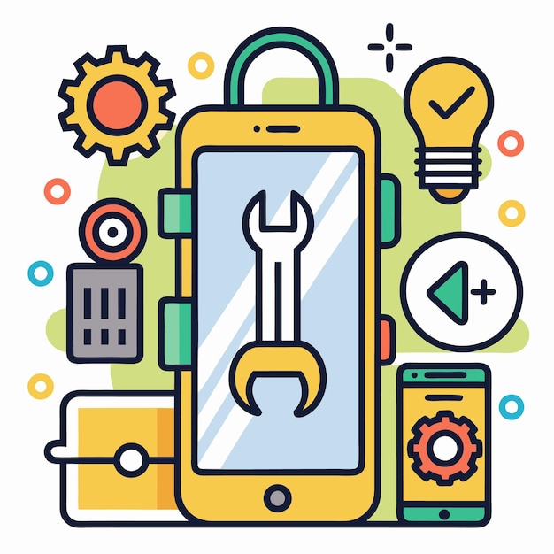 Ilustración vectorial de la tecnología móvil y las herramientas digitales Iconos configurados para el desarrollo de aplicaciones Internet de las cosas y dispositivos inteligentes