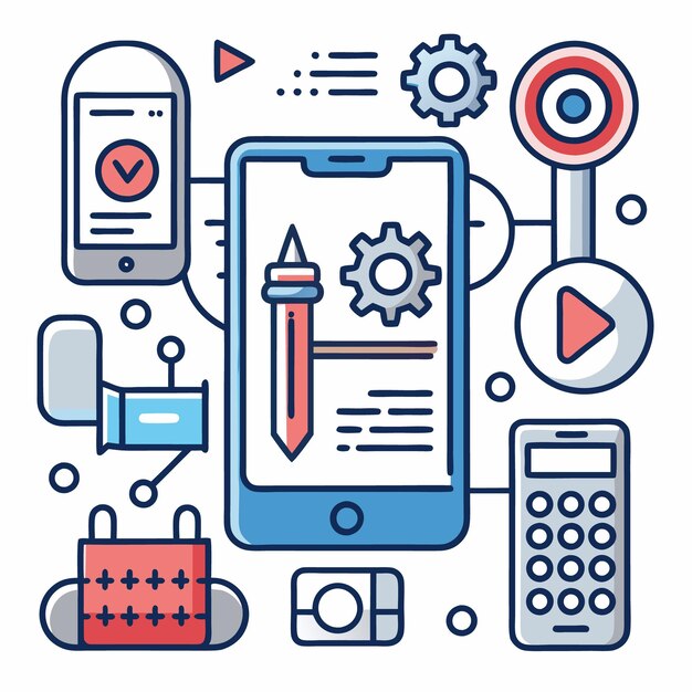 Ilustración vectorial de la tecnología móvil y las herramientas digitales Iconos configurados para el desarrollo de aplicaciones Internet de las cosas y dispositivos inteligentes