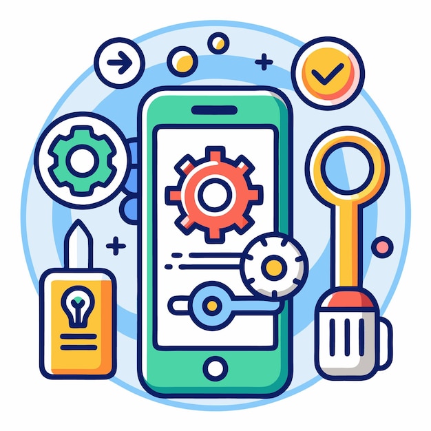 Ilustración vectorial de la tecnología móvil y las herramientas digitales Iconos configurados para el desarrollo de aplicaciones Internet de las cosas y dispositivos inteligentes