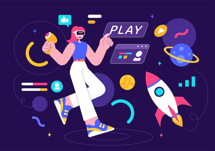 Vector ilustración vectorial de la tecnología de realidad virtual digital de metaverse con una persona que usa gafas de realidad virtual para la innovación y la comunicación del futuro