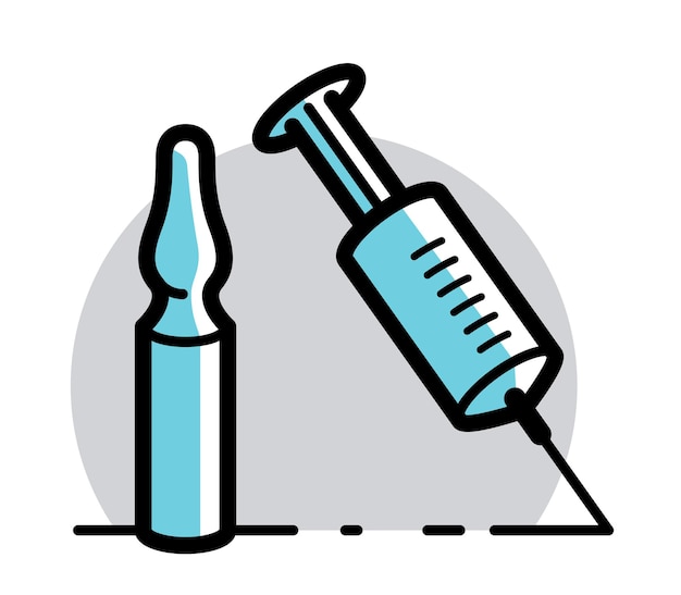 Vector ilustración vectorial del tema de la vacunación de una jeringa con ampollas aisladas sobre la epidemia blanca o el coronavirus pandémico covid-19 o la gripe o el sars o cualquier otro concepto de farmacología de la vacina