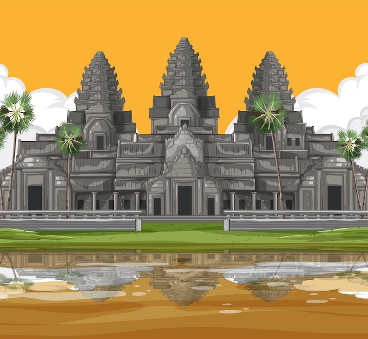 Vector ilustración vectorial del templo de angkor wat con reflexión