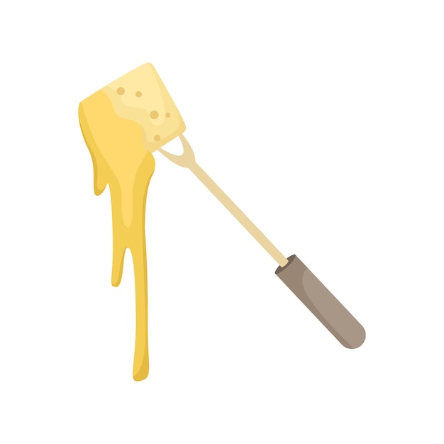 Vector ilustración vectorial de un tenedor con un trozo de baguette sumergido en fondue de queso