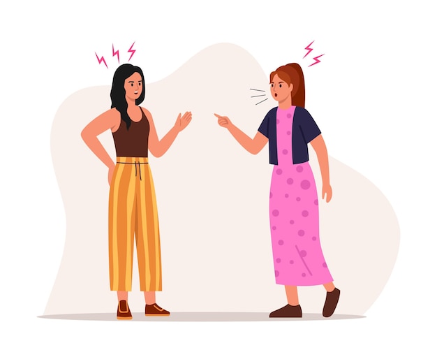 Ilustración vectorial de una tensa pelea entre niñas Escena de dibujos animados de niñas enojadas peleando discutiendo gritando gestando con sus manos relámpago a su alrededor aislado en un fondo blanco Conflicto