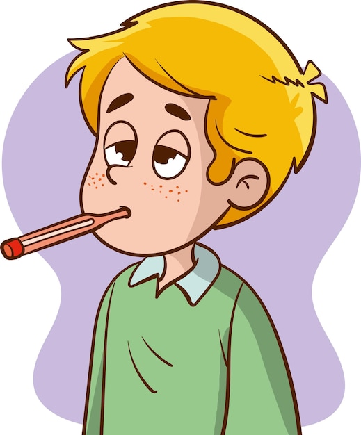 Ilustración vectorial del termómetro en la boca de un niño enfermo