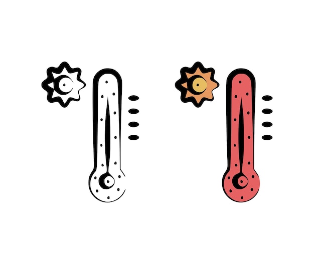 Ilustración vectorial de un termómetro con el símbolo del sol en un estilo dibujado a mano sobre un fondo blanco