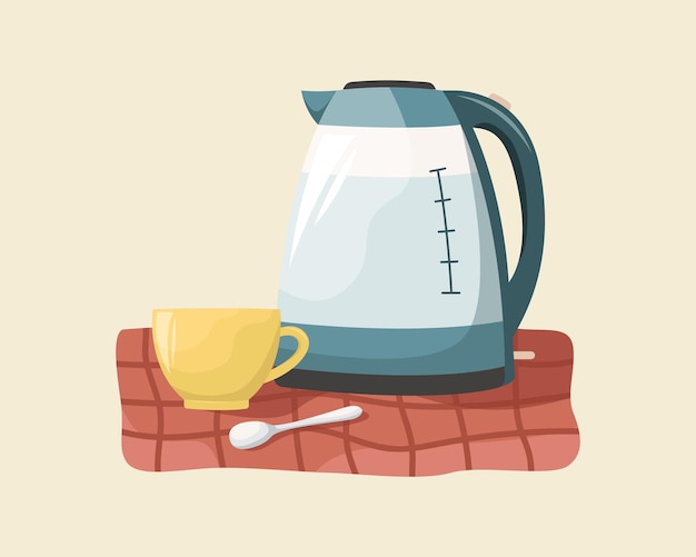 Ilustración vectorial de una tetera y una taza de cerámica sobre un mantel