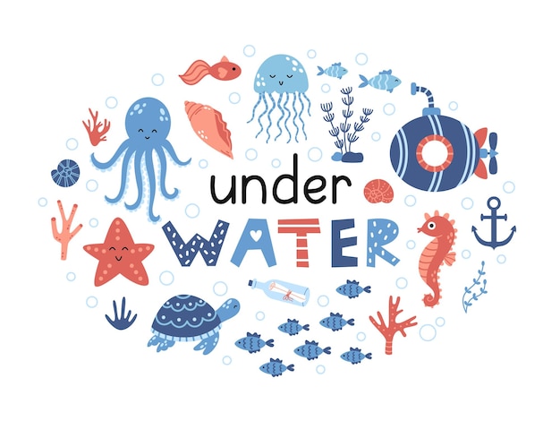 Ilustración vectorial de texto bajo el agua y habitantes del mar vida marina linda ilustración con frase para cartel tarjeta de felicitación banner y volante diseño para bebé en diseño plano