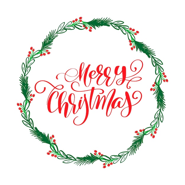 Ilustración vectorial Texto de letras de caligrafía de feliz Navidad con corona con ramas de abeto