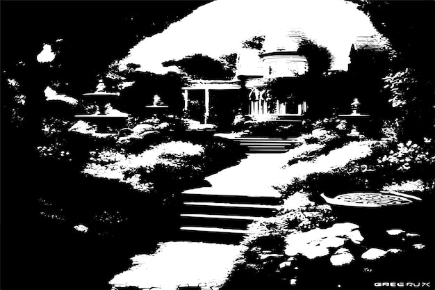 Vector ilustración vectorial de textura negra del jardín real superposición monocromática de fondo grunge desestresado