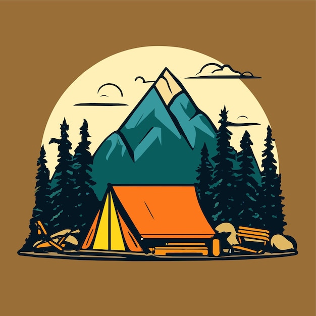 Ilustración vectorial de la tienda de campamento en el valle de la montaña