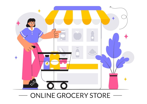 Ilustración vectorial de la tienda de comestibles en línea con estantes de productos alimenticios, estantes con frutas lácteas y bebidas para pedidos de compras por teléfono