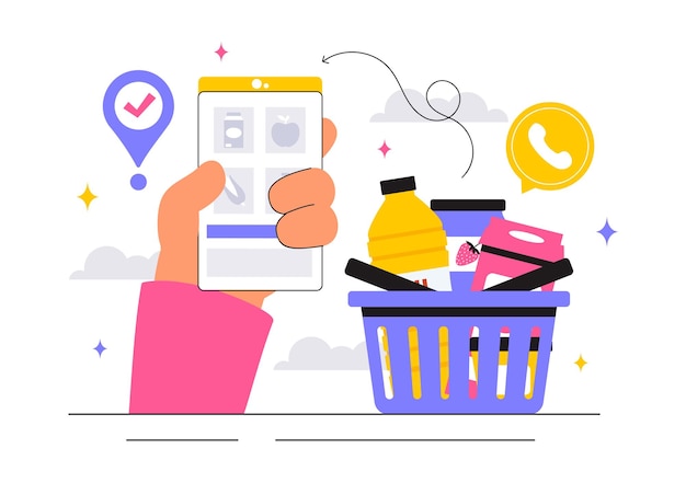 Ilustración vectorial de la tienda de comestibles en línea con estantes de productos alimenticios, estantes con frutas lácteas y bebidas para pedidos de compras por teléfono