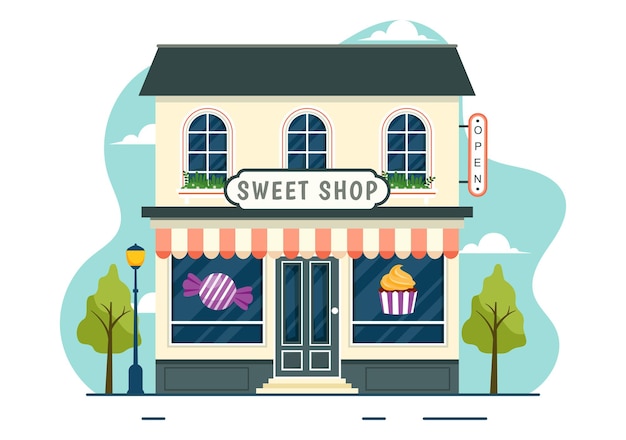 Ilustración vectorial de la tienda de dulces con venta de varios productos de panadería diseño de pasteles o dulces