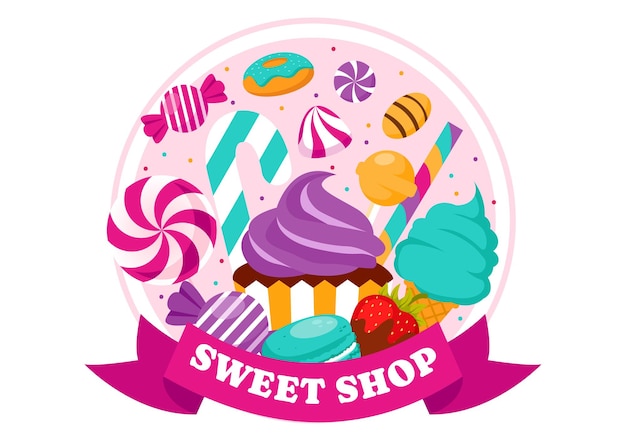 Ilustración vectorial de la tienda de dulces con venta de varios productos de panadería diseño de pasteles o dulces