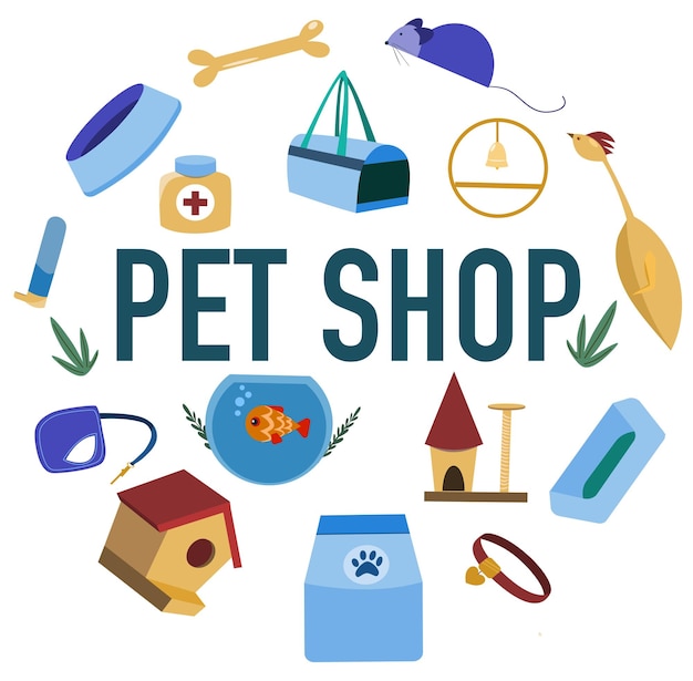 Vector ilustración vectorial para una tienda de mascotas con texto y accesorios para animales