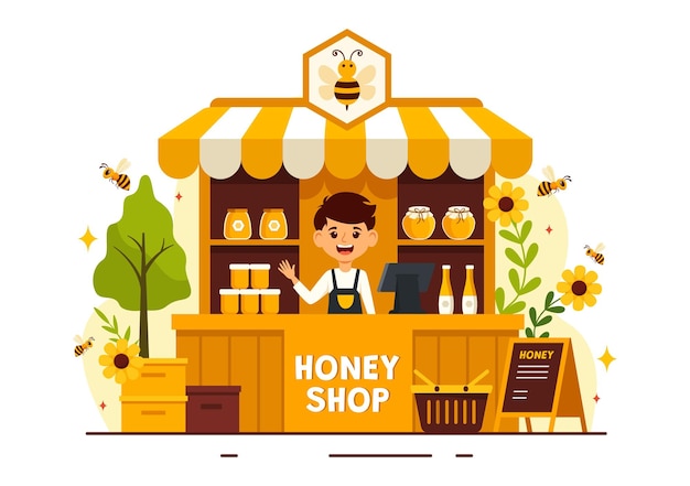 Ilustración vectorial de la tienda de miel con un producto natural útil jar bee o panales para ser consumidos