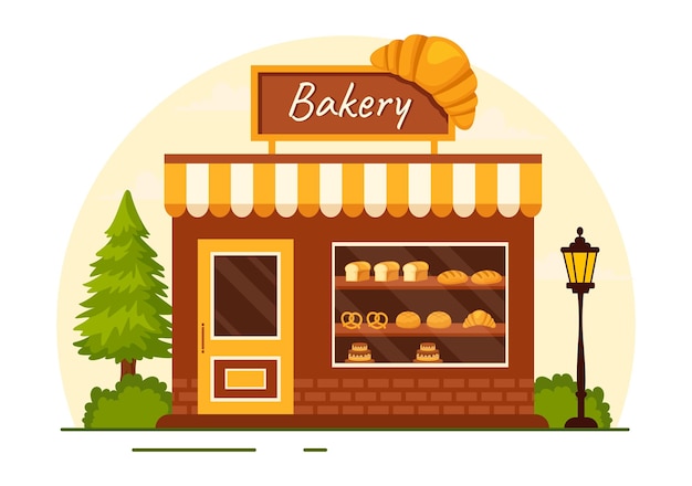 Vector ilustración vectorial de tienda de panadería con varios tipos de productos de pan para la venta y el interior de la tienda
