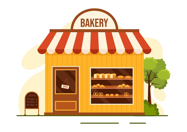 Vector ilustración vectorial de tienda de panadería con varios tipos de productos de pan para la venta y el interior de la tienda