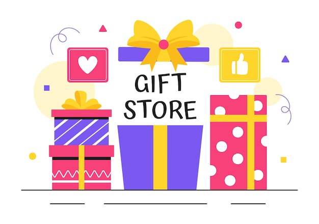 Ilustración vectorial de la tienda de regalos con cajas de regalos envueltas con cintas y confeti perfectas para sorprender a sus amigos en un fondo de estilo plano