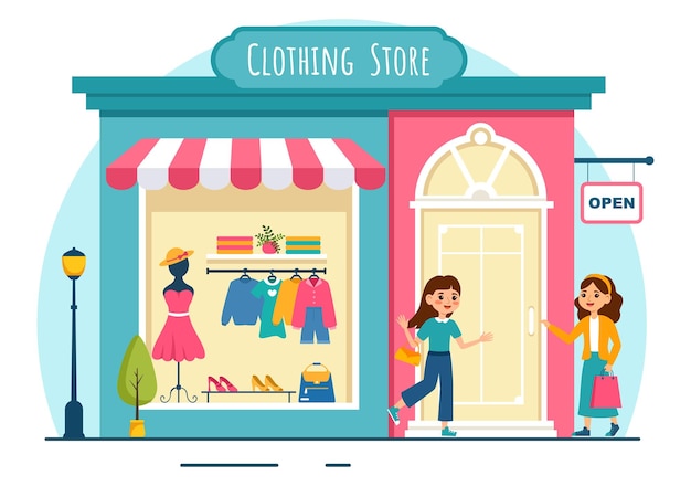 Ilustración vectorial de la tienda de ropa comprando ropa o vestidos para mujeres o hombres de estilo de moda