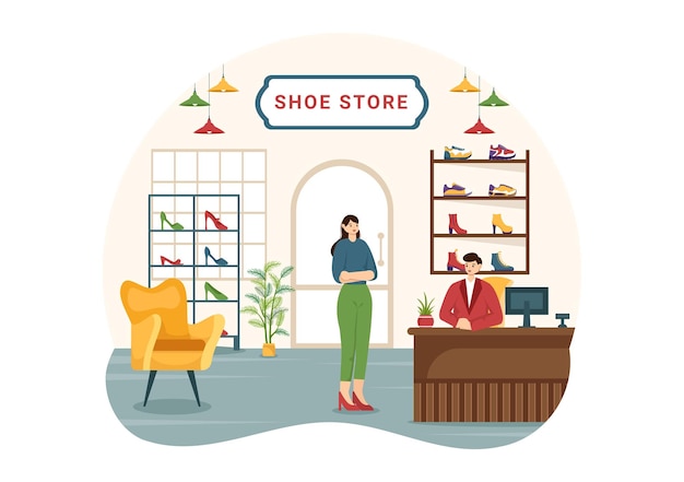 Ilustración vectorial de la tienda de zapatos con nueva colección Hombres o mujeres Varios modelos o colores de zapatillas