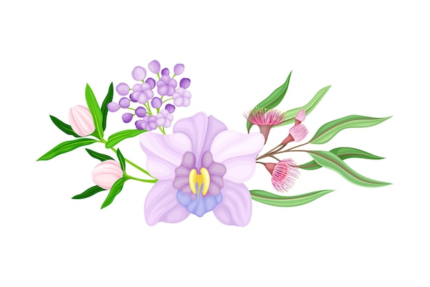Ilustración vectorial de una tierna flor de orquídea arreglada con tallos y ramas con flores