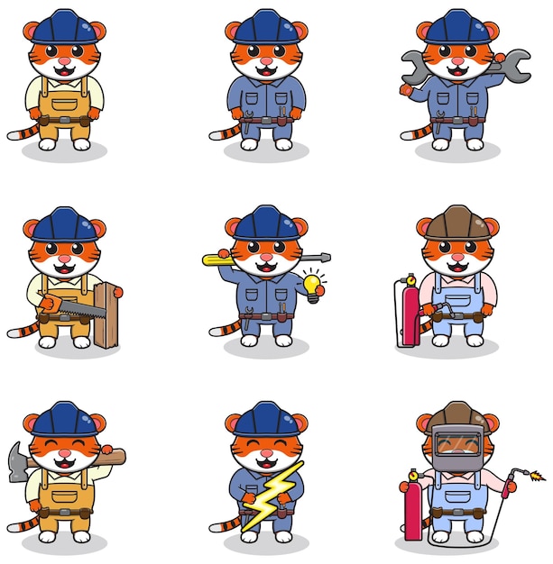 Ilustración vectorial de Tiger Construction builder electricista soldador y manitas de dibujos animados