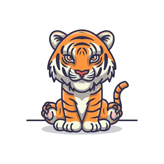 Ilustración vectorial de tigre con contorno de estilo de dibujos animados de color plano con fondo