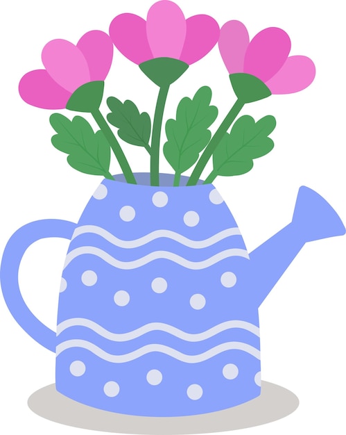 Ilustración vectorial de una tina de riego en forma de jarrón con flores de primavera tulipanes margaritas