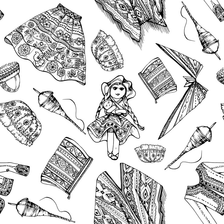 Vector ilustración vectorial de tinta dibujada a mano bordada ropa nacional india moda del sur de américa central