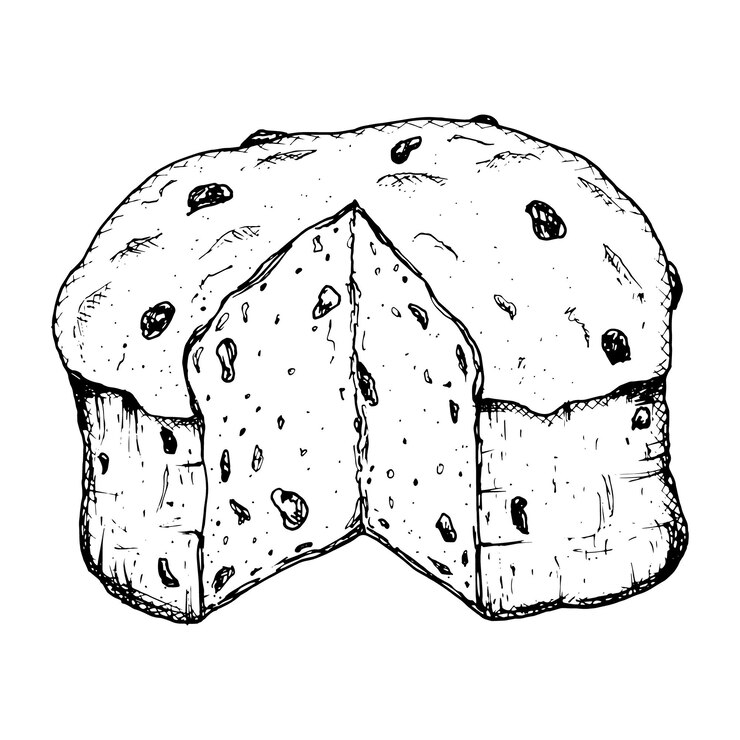 Vector ilustración vectorial de tinta dibujada a mano de la pastelería tradicional italiana de navidad panettone arte de clip de estilo boceto de pastel de pasas de pasas festivas adecuado para el año nuevo impresión embalaje de panadería menú de cafetería de pastelería