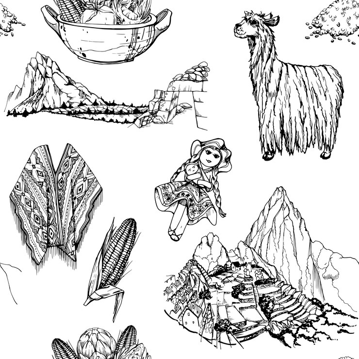 Vector ilustración vectorial de tinta dibujada a mano símbolos del perú paisajes muñeca alpaca machu picchu maíz bordado poncho patrón sin costuras aislado en fondo blanco diseño de menú de viaje impresión de folleto