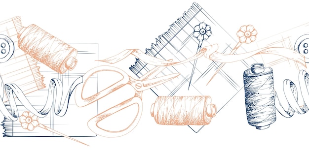 Ilustración vectorial de tinta dibujada a mano suministros de artesanía de costura tijeras de tela botones de madera cinta