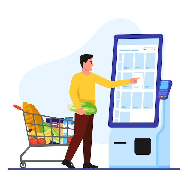 Ilustración vectorial con un tipo en la caja de autoservicio escena de dibujos animados con un tipo con un carrito de comestibles pagando por comestibles a través de una terminal en una pantalla táctil blanca para pagar las compras