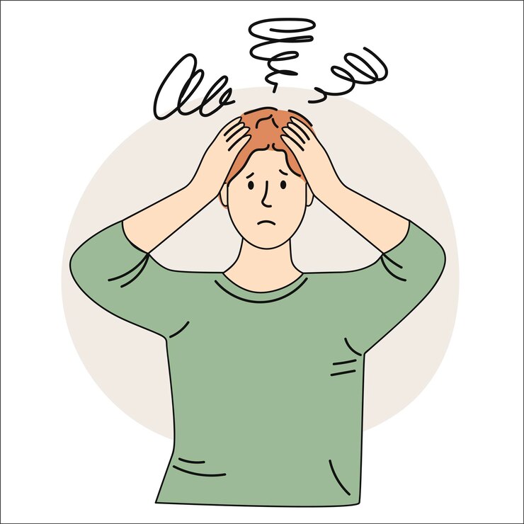 Vector ilustración vectorial de un tipo en depresión chica triste sosteniendo las manos en su cabeza dolor de cabeza