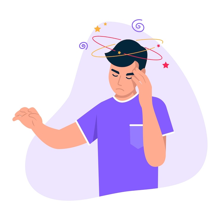 Vector ilustración vectorial de un tipo con mareos que se siente mal escena de dibujos animados con un tipo que está mareado girando la cabeza aislado en un fondo blanco vertigo