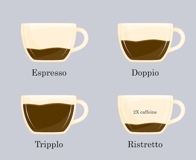 Ilustración vectorial de los tipos de recetas de café de la ilustración de la cafetería espresso