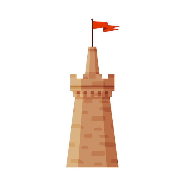 Vector ilustración vectorial de la torre del castillo con el elemento de la bandera ondeante de la fortaleza medieval de piedra