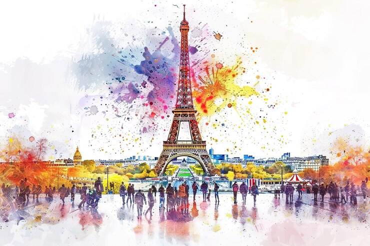 Vector ilustración vectorial de la torre eiffel en parís con acuarela