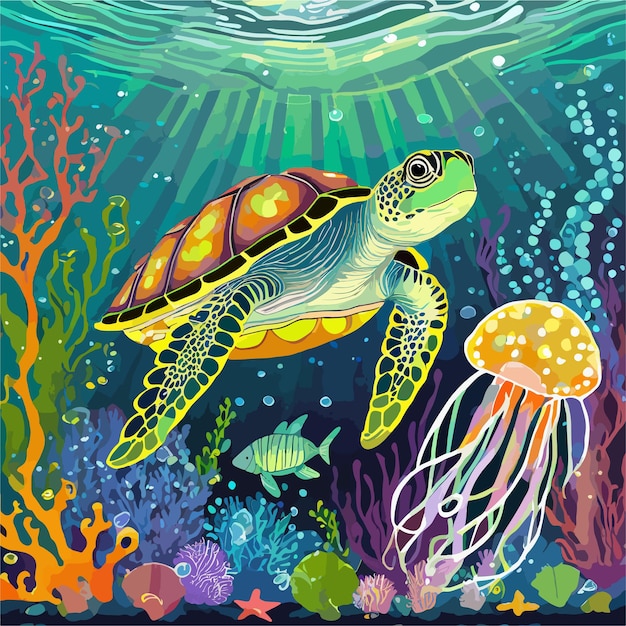 Ilustración vectorial de una tortuga en el mar