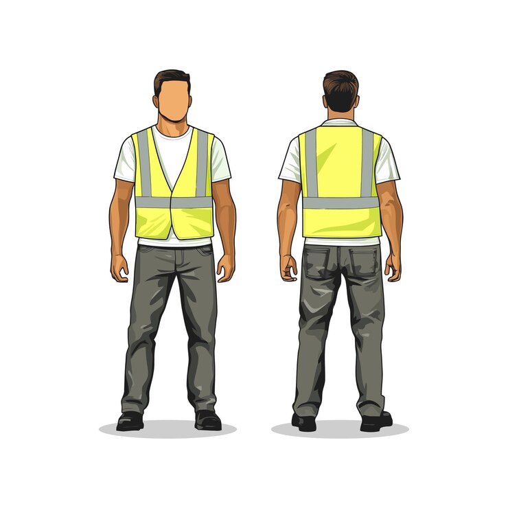 Vector ilustración vectorial de un trabajador de la construcción con chaleco de seguridad reflectante que se muestra por delante y por detrás
