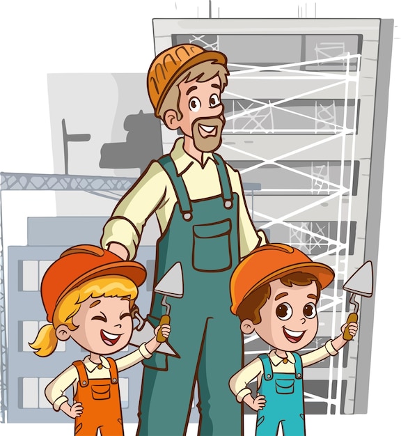 Vector ilustración vectorial de un trabajador de la construcción con sus hijos en uniforme