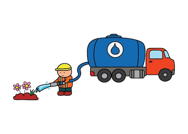 Ilustración vectorial de trabajadores de la construcción de niños dibujados a mano regando plantas con camión cisterna de agua