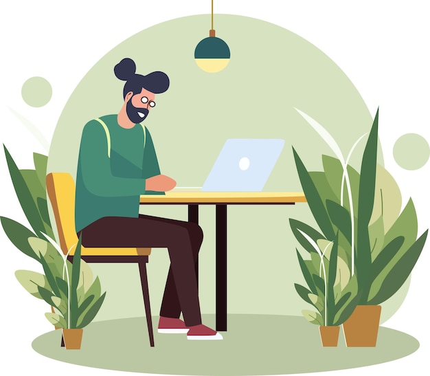 Ilustración vectorial de trabajadores de oficina sentados en escritorios con estilo de diseño plano