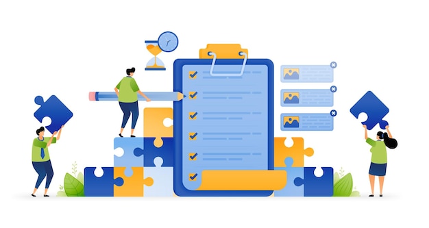 Ilustración vectorial del trabajo en equipo en acción Completar tareas con listas de verificación y encuestas Solución de colaboración Planificación y evaluación del progreso Se puede usar para aplicaciones de sitios web de campañas de carteles publicitarios